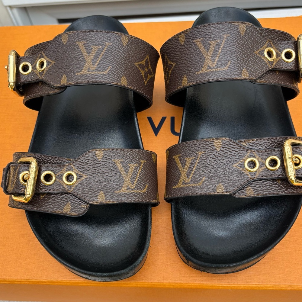 Louis Vuitton Black and Brown flat Mule with Gold Hardware/used